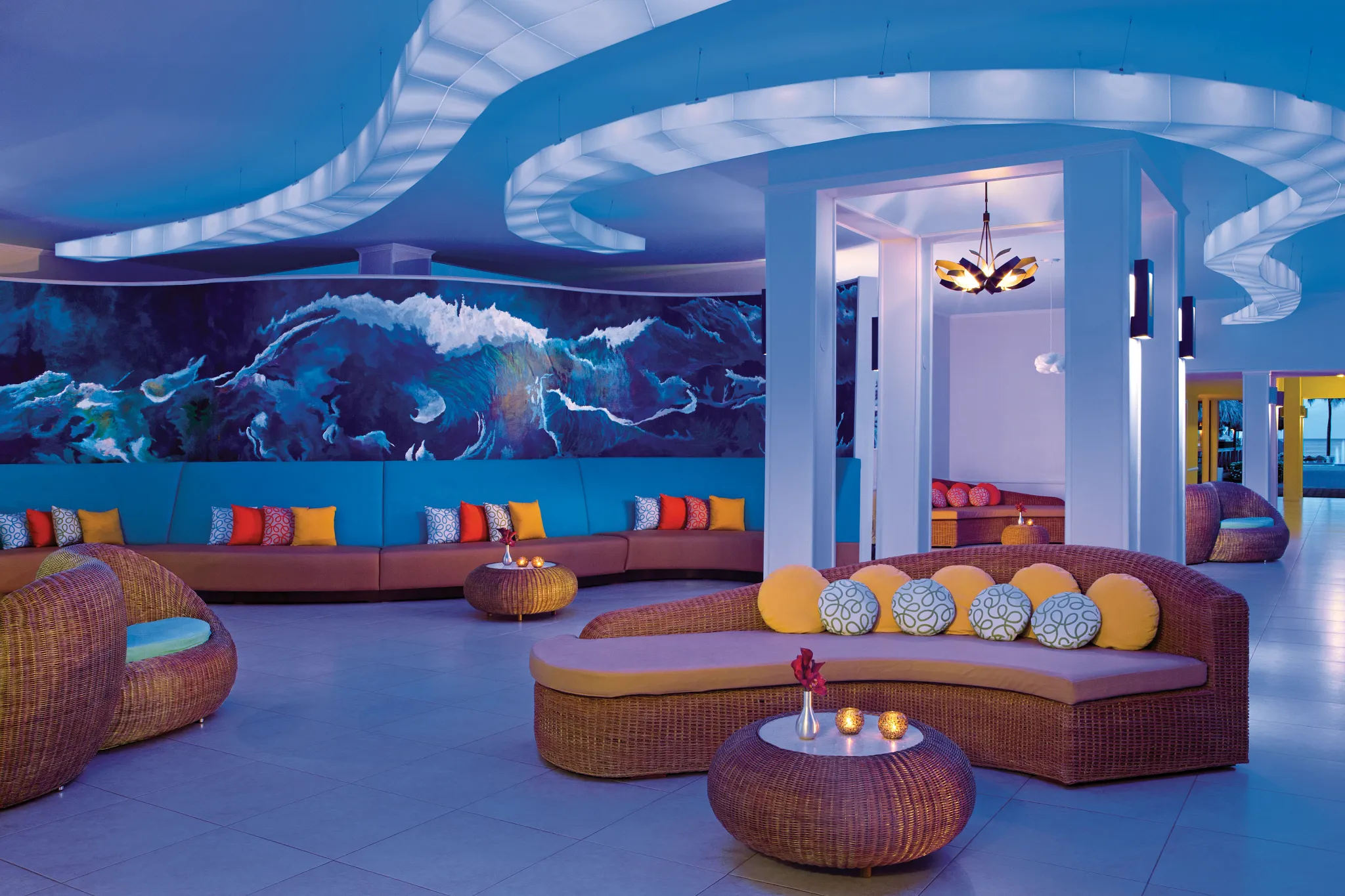 Modern ocean-inspired lobby seating area at Sunscape Curaçao Resort, Spa & Casino.